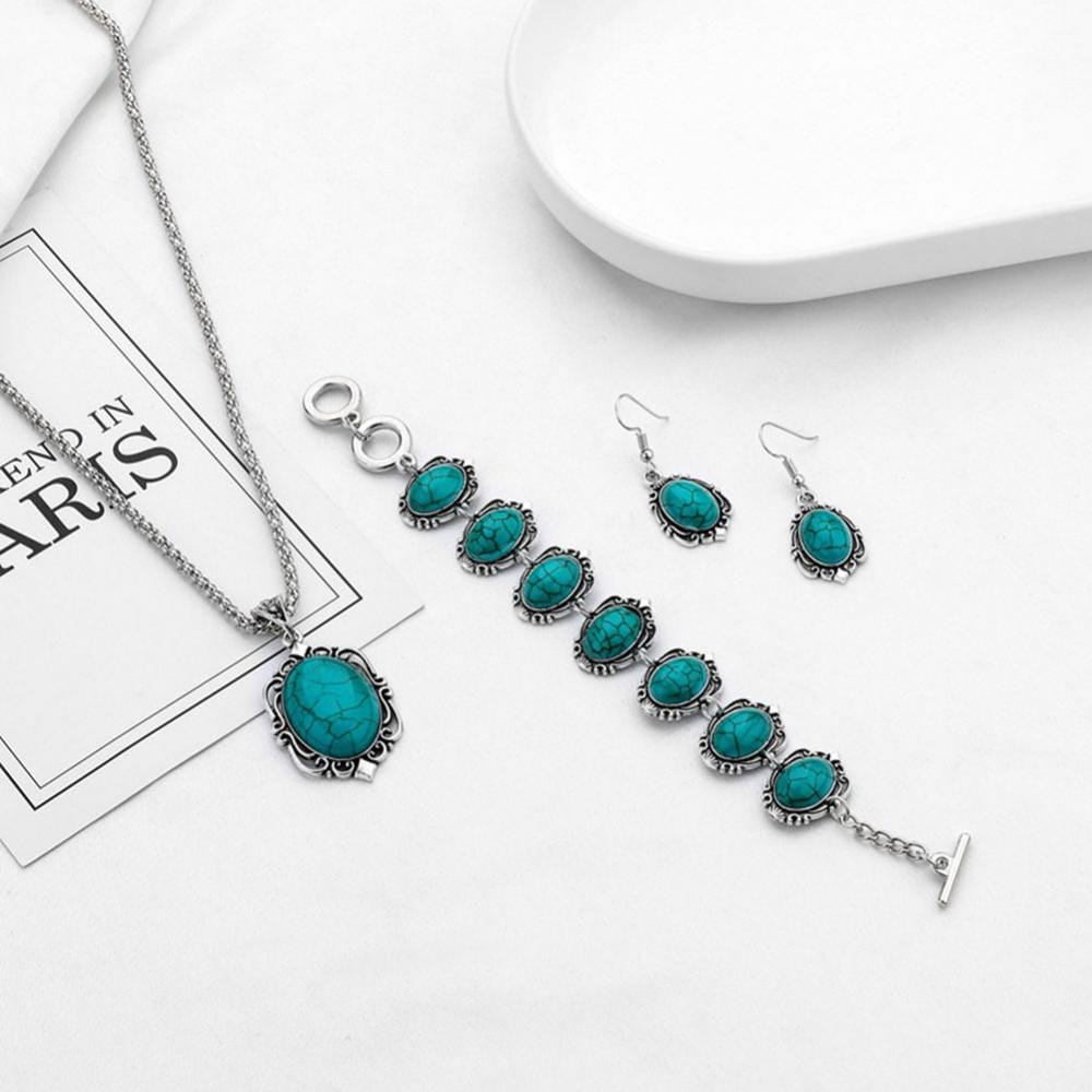 4pcs Vintage Faux Turquoise Jewelry Set Necklace Earrings Bracelet