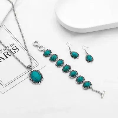 4pcs Vintage Faux Turquoise Jewelry Set Necklace Earrings Bracelet - green