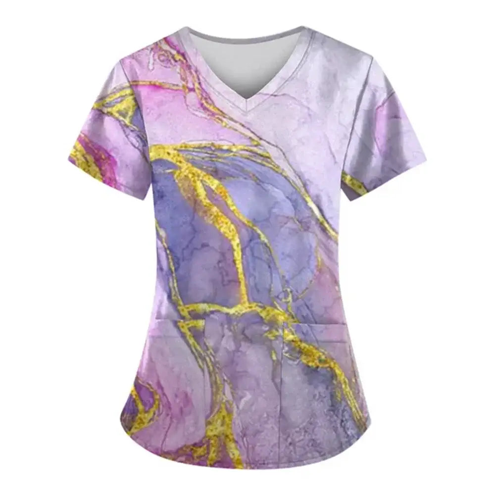 Marble Print Scrubs: Short-Sleeved Tops with Pockets