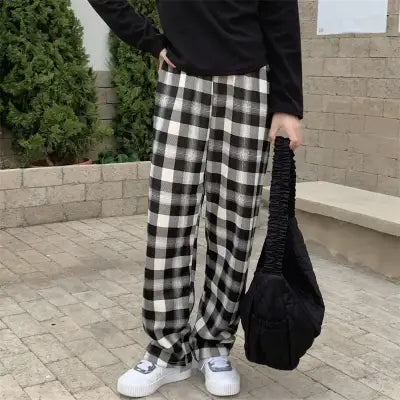 Warm Plush Cashmere Pants in Thick Plaid Wide-Legged Winter Style - Big Black / One Size