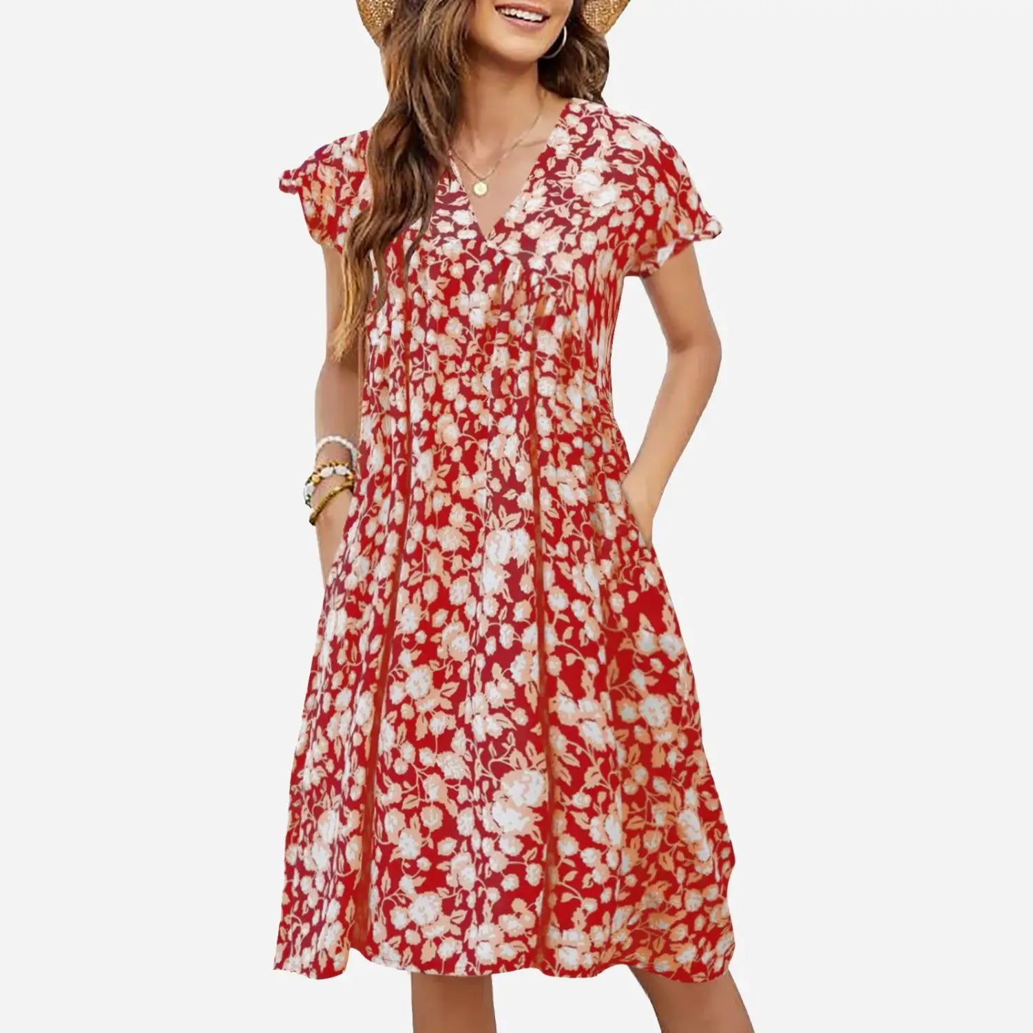 Elegant Dress: Sexy V-Neck Printing Ladies Beach Casual Floral Dress