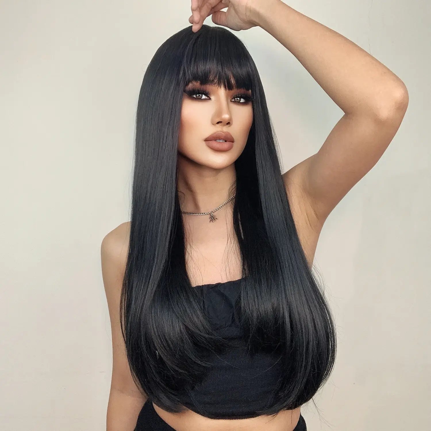 Black Bob Wig – Stylish Long Black Synthetic Wig with Bangs