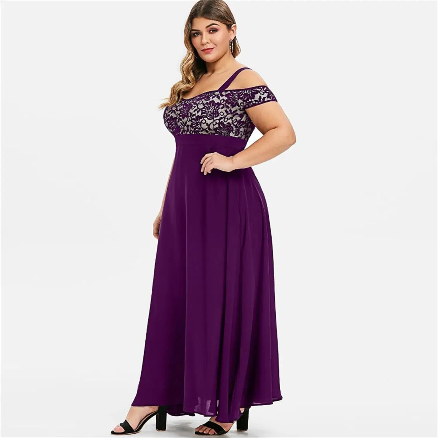 Cold Shoulder Dress – Plus Size Floral Lace Maxi Dress for Women