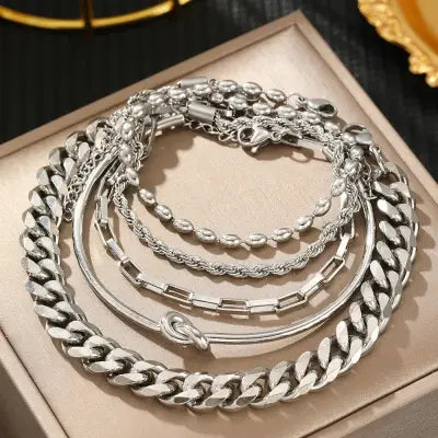 Stainless Steel Bracelet Set with Fashionable Chain Design for Women - Silver