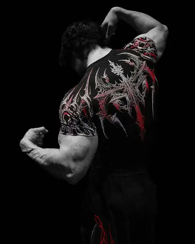 Gothic Print Muscle Tee Multi Size High Elasticity Quick Dry Gym Shirt