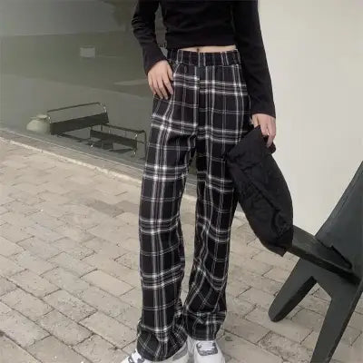 Warm Plush Cashmere Pants in Thick Plaid Wide-Legged Winter Style - Small Black / One Size