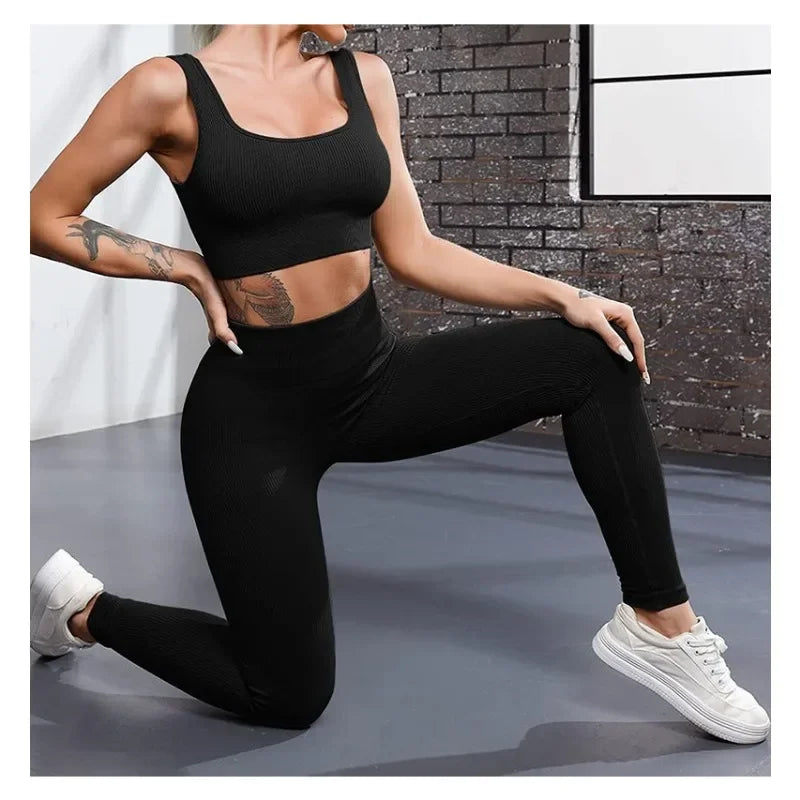High Waist Seamless Knit Leggings Stretchy Threaded Yoga Tights