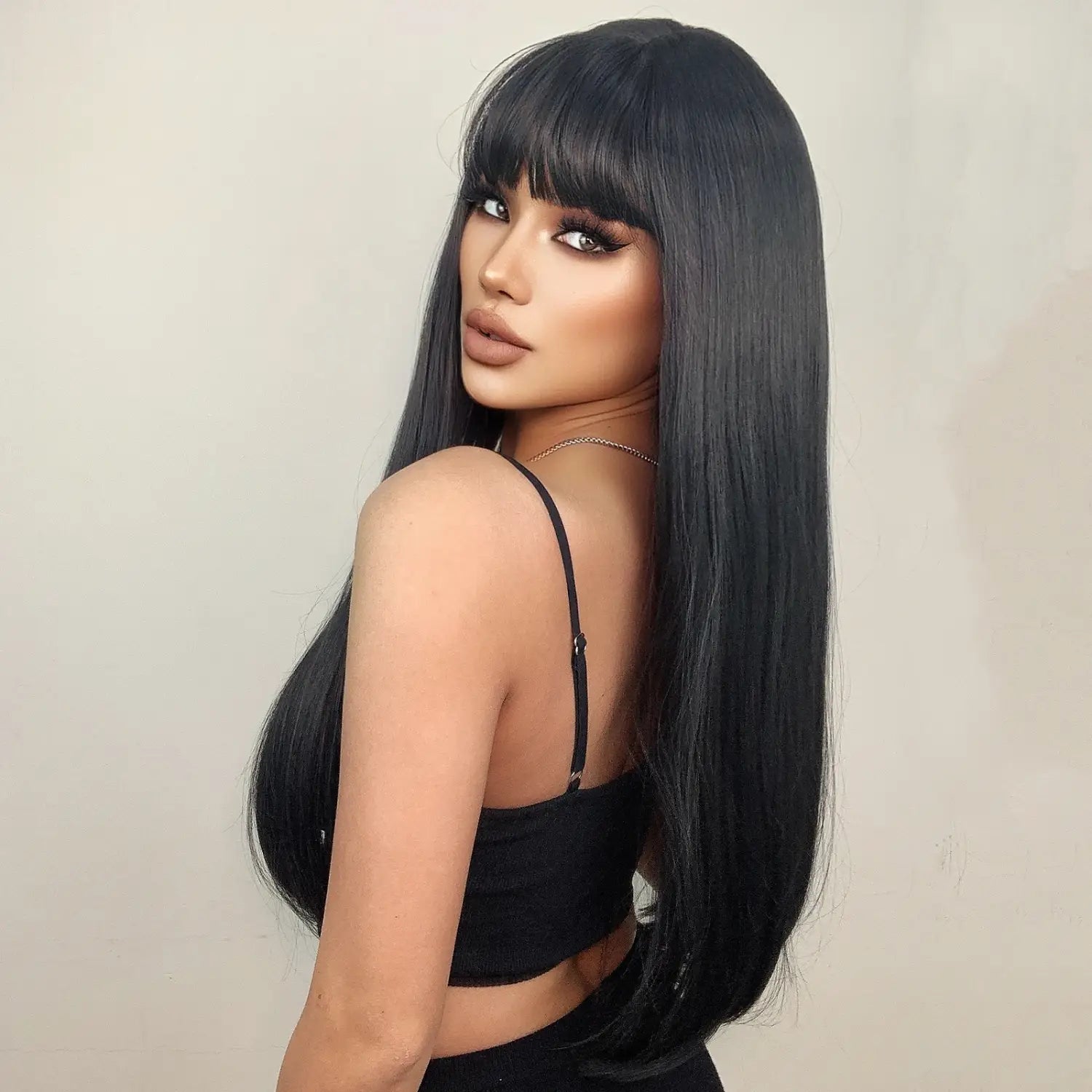 Black Bob Wig – Stylish Long Black Synthetic Wig with Bangs