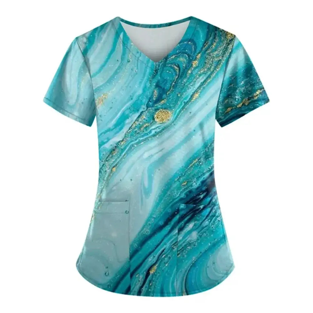 Marble Print Scrubs: Short-Sleeved Tops with Pockets