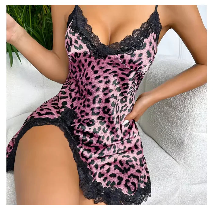 Leopard Lace Trim Nightdress V Neck Backless Side Split Sleepwear