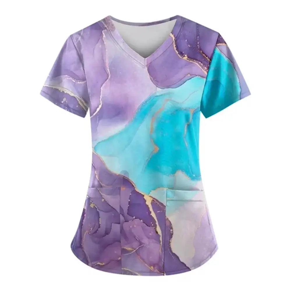 Marble Print Scrubs: Short-Sleeved Tops with Pockets