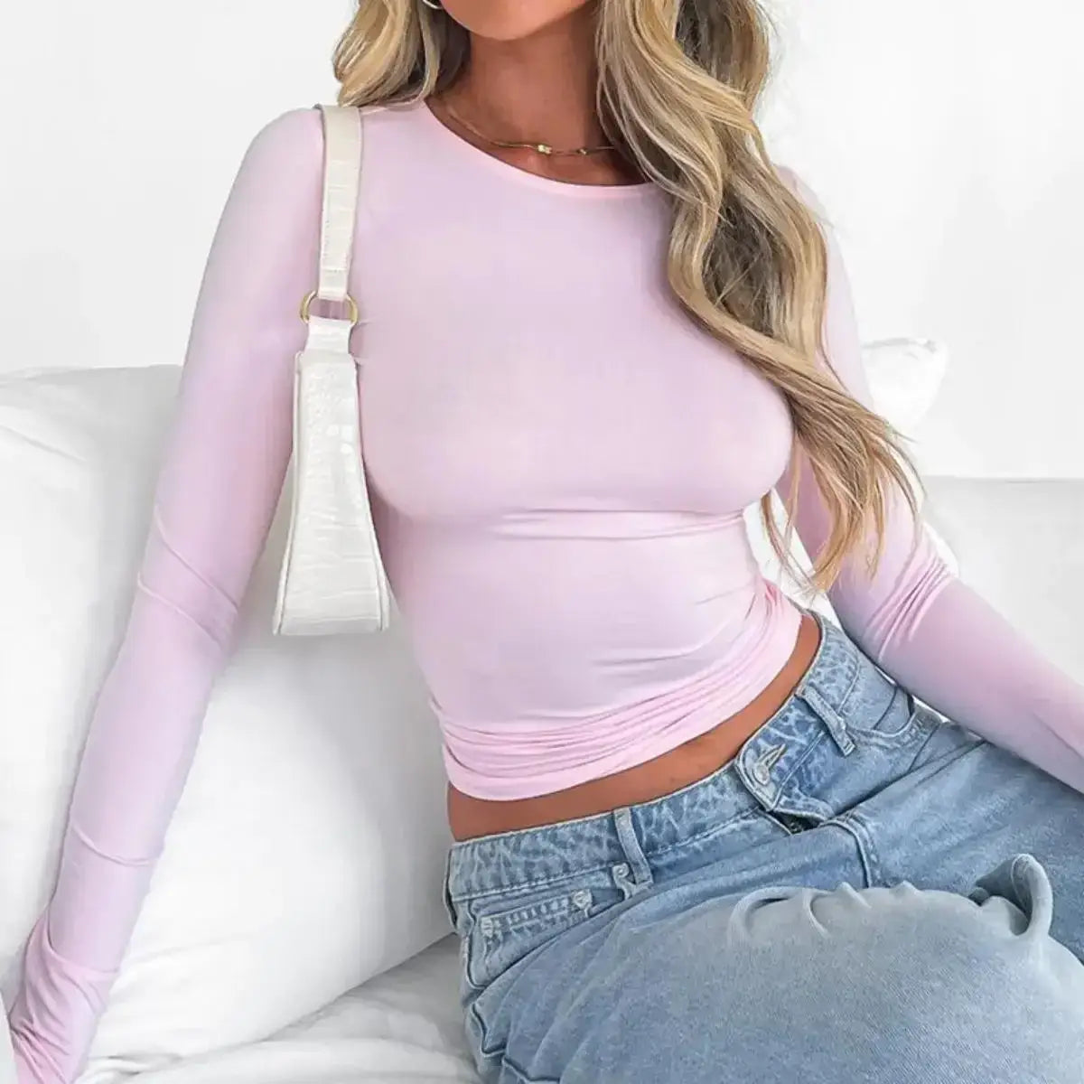 Summer Fashion Set – Pink Long Sleeve & White Crop Top