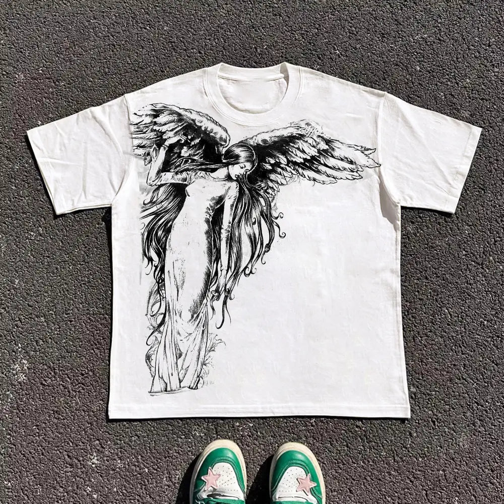 Classic Y2K Gothic Style T-shirt Print Oversized T Shirt High Street Shirts Gothic Round Neck Cotton Tops New Mens