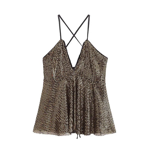 Chic Beaded V-Neck Camisole – Women's 2025 Backless Ruffle Top - Himpall