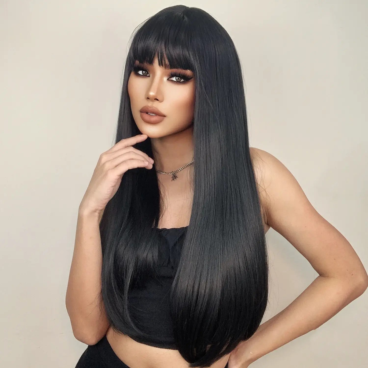 Black Bob Wig – Stylish Long Black Synthetic Wig with Bangs