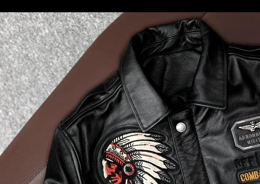 Men’s Cowhide Leather Motorcycle Jacket with Embroidery Flying Suit Design