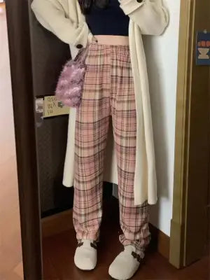 Warm Plush Cashmere Pants in Thick Plaid Wide-Legged Winter Style - Pink / One Size