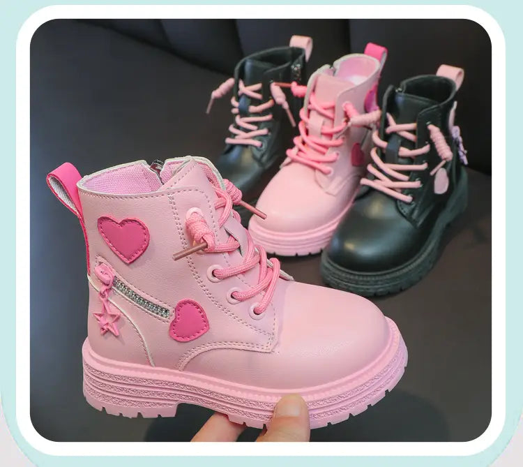 Girls Pink Rubber Boots with Winter Cotton Soft Sole and Side Zip