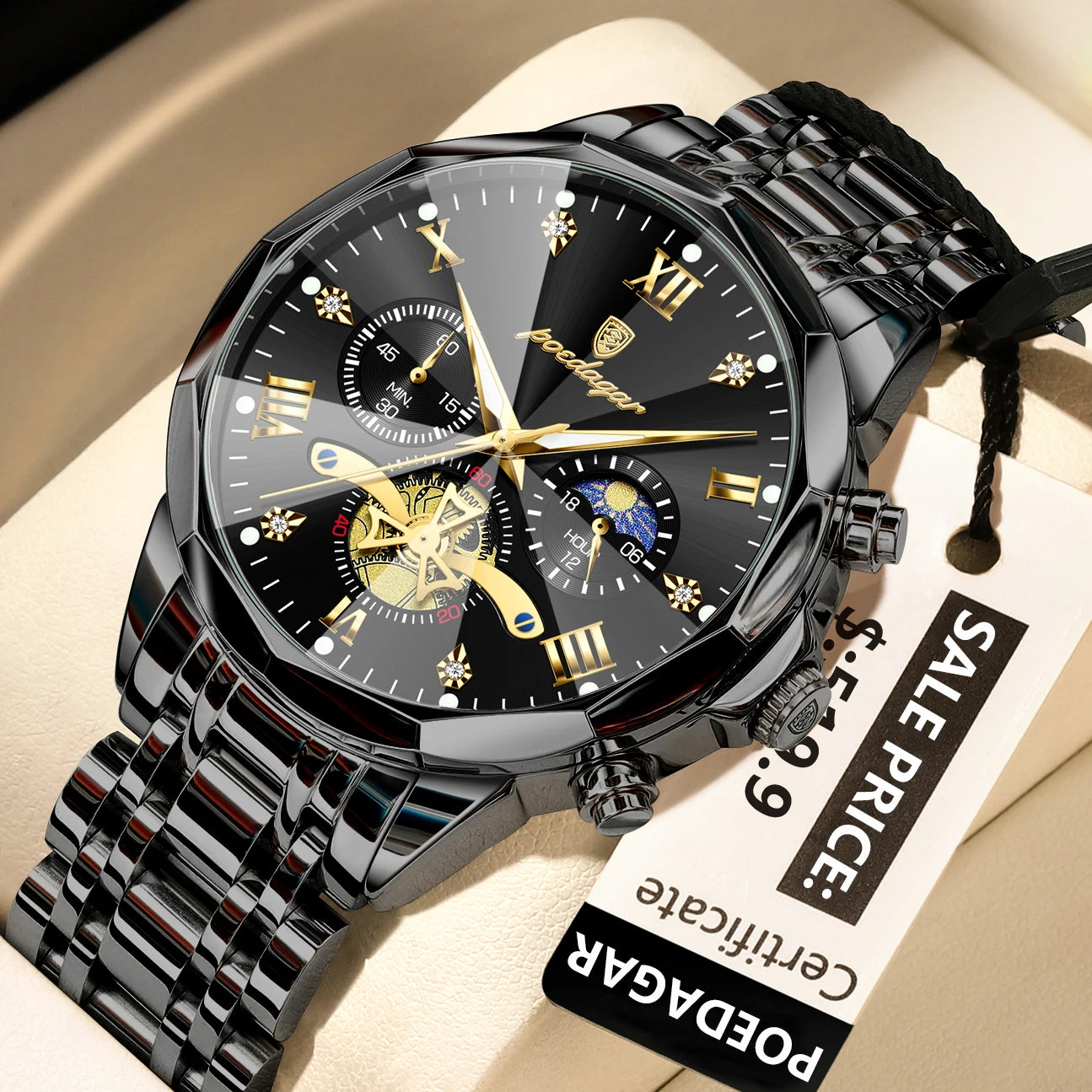 Waterproof Men Stainless Steel Quartz Chronograph Watch - 938 Black Black