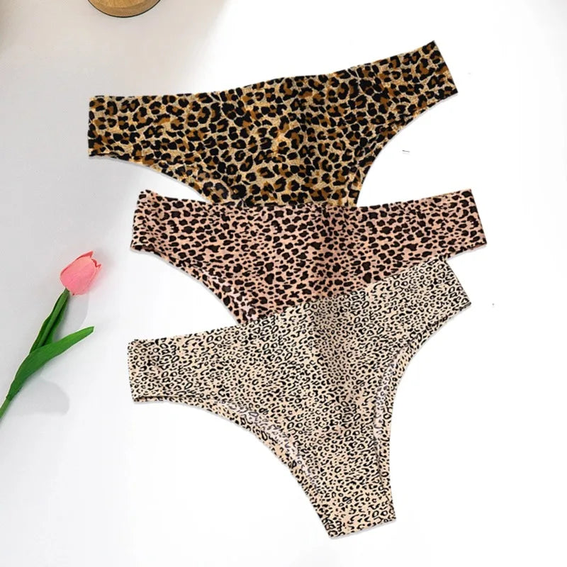 Leopard Panties 3-Piece Seamless Ice Silk Set Sexy Printed Style