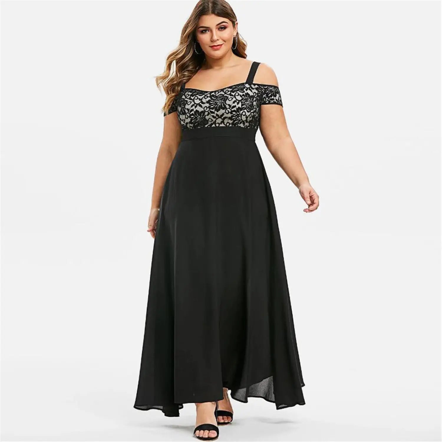 Cold Shoulder Dress – Plus Size Floral Lace Maxi Dress for Women