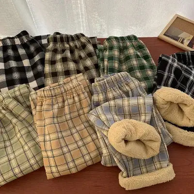 Warm Plush Cashmere Pants in Thick Plaid Wide-Legged Winter Style