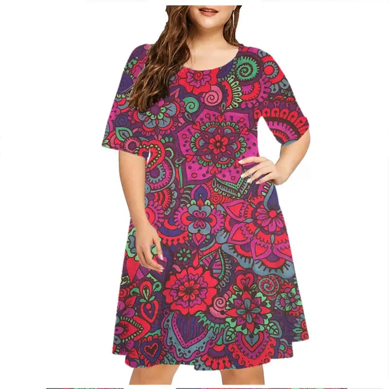 6XL Plus Size Dresses Women Abstract Painted Print Dress