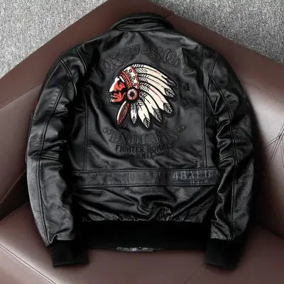 Men’s Cowhide Leather Motorcycle Jacket with Embroidery Flying Suit Design