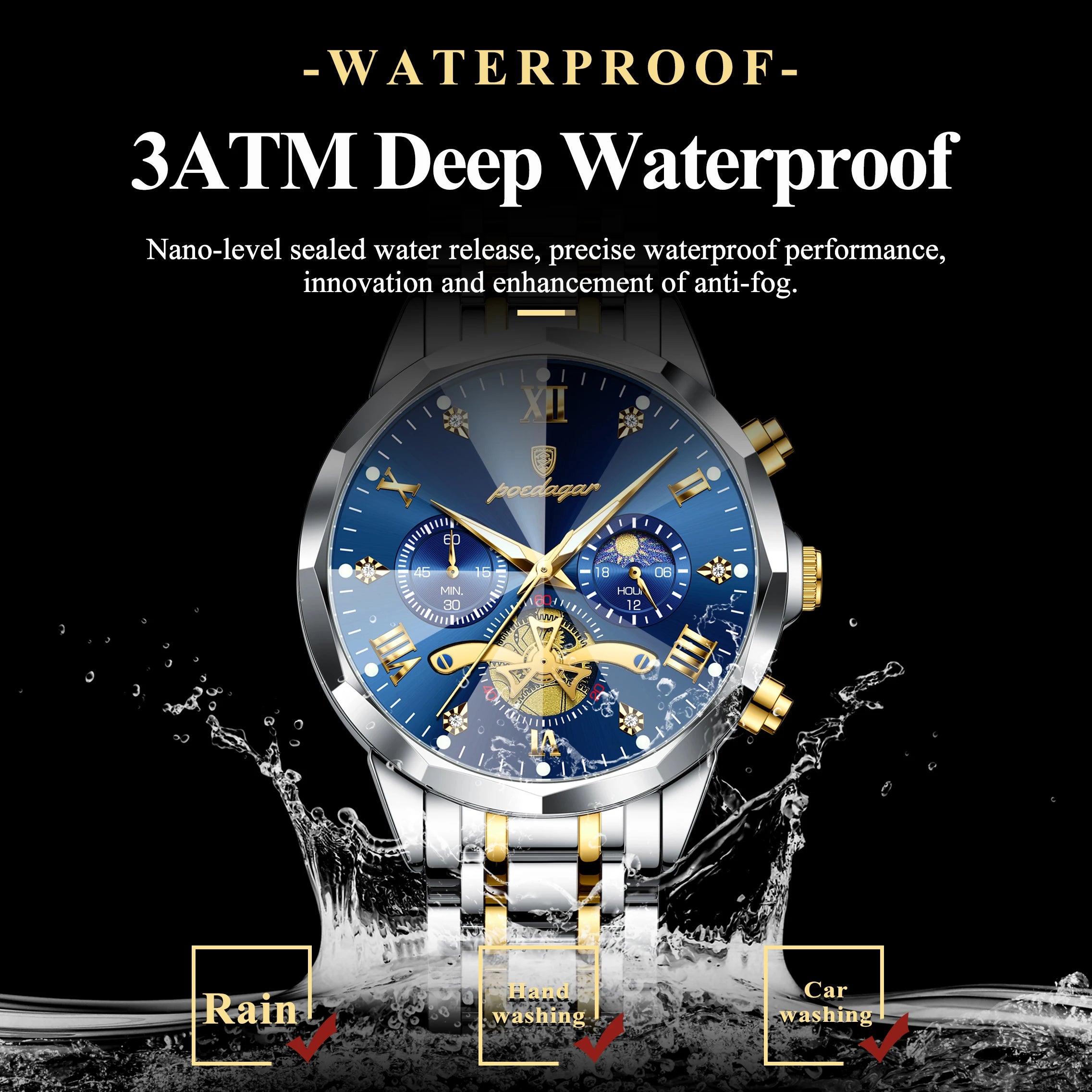 Waterproof Men Stainless Steel Quartz Chronograph Watch