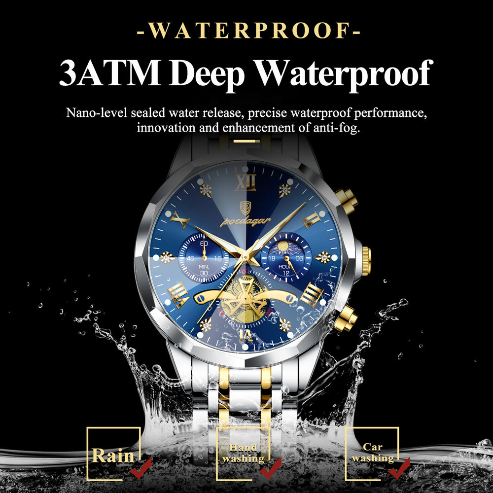 Waterproof Men Stainless Steel Quartz Chronograph Watch