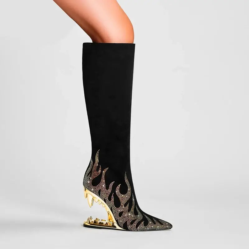 Tiger Tooth Boots: Stylish Stretch Boots with Rhinestone Flame Design