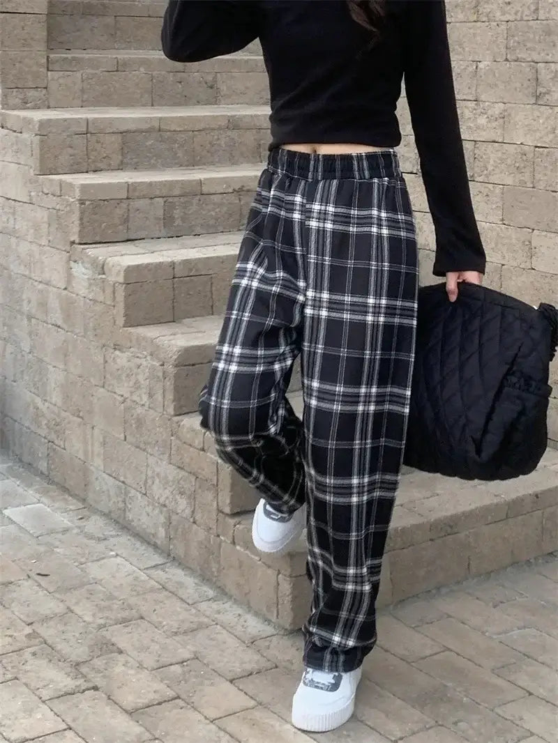 Warm Plush Cashmere Pants in Thick Plaid Wide-Legged Winter Style