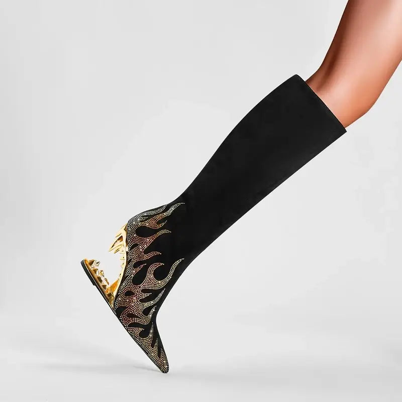 Tiger Tooth Boots: Stylish Stretch Boots with Rhinestone Flame Design