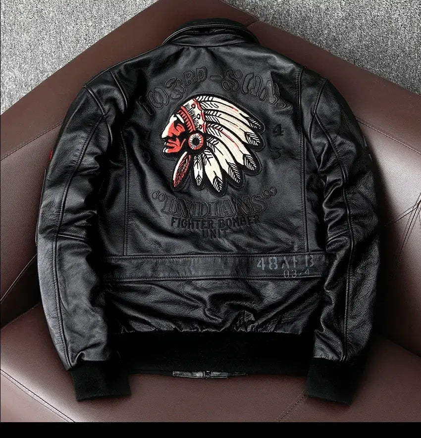 Men’s Cowhide Leather Motorcycle Jacket with Embroidery Flying Suit Design