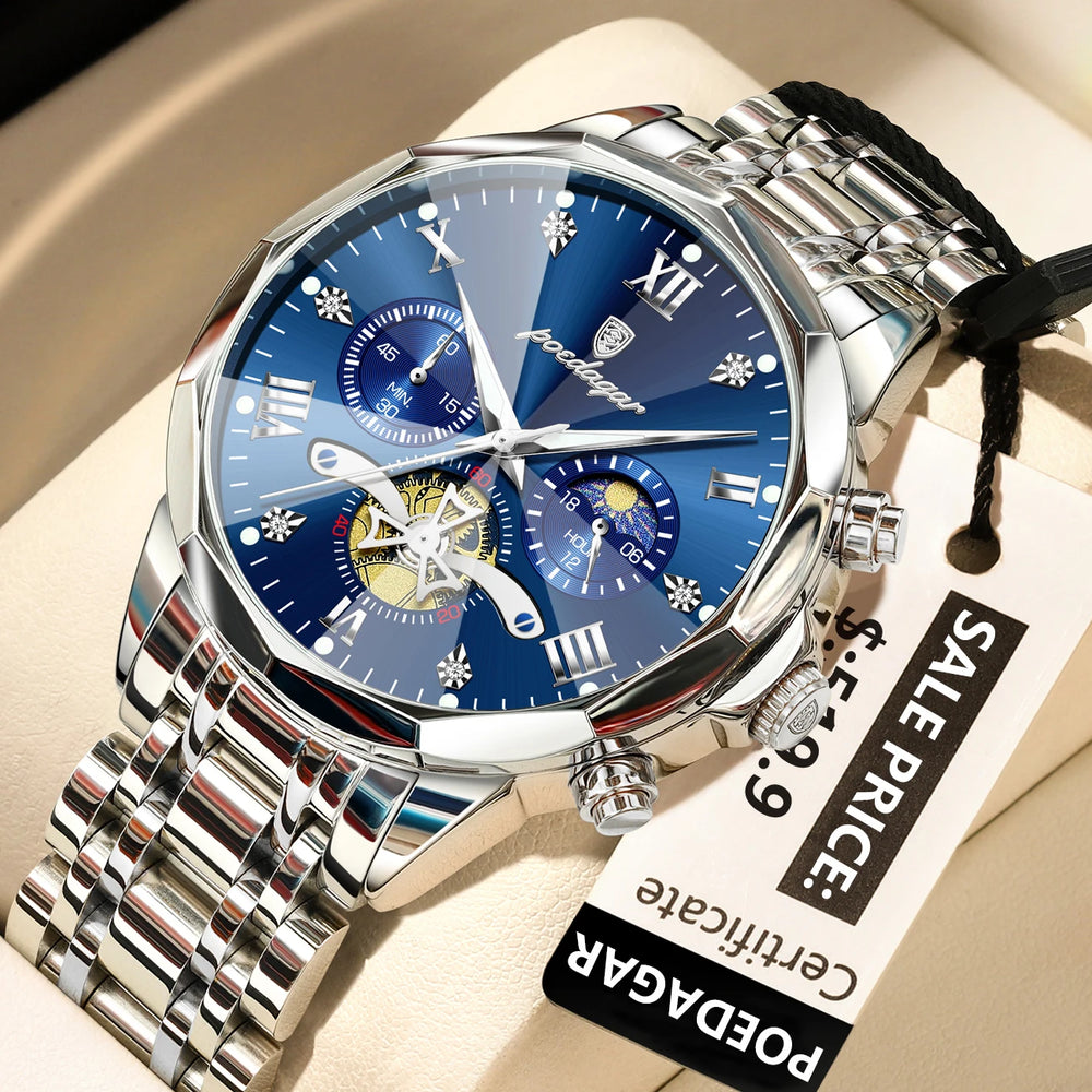 Waterproof Men Stainless Steel Quartz Chronograph Watch - 938 Silver Blue