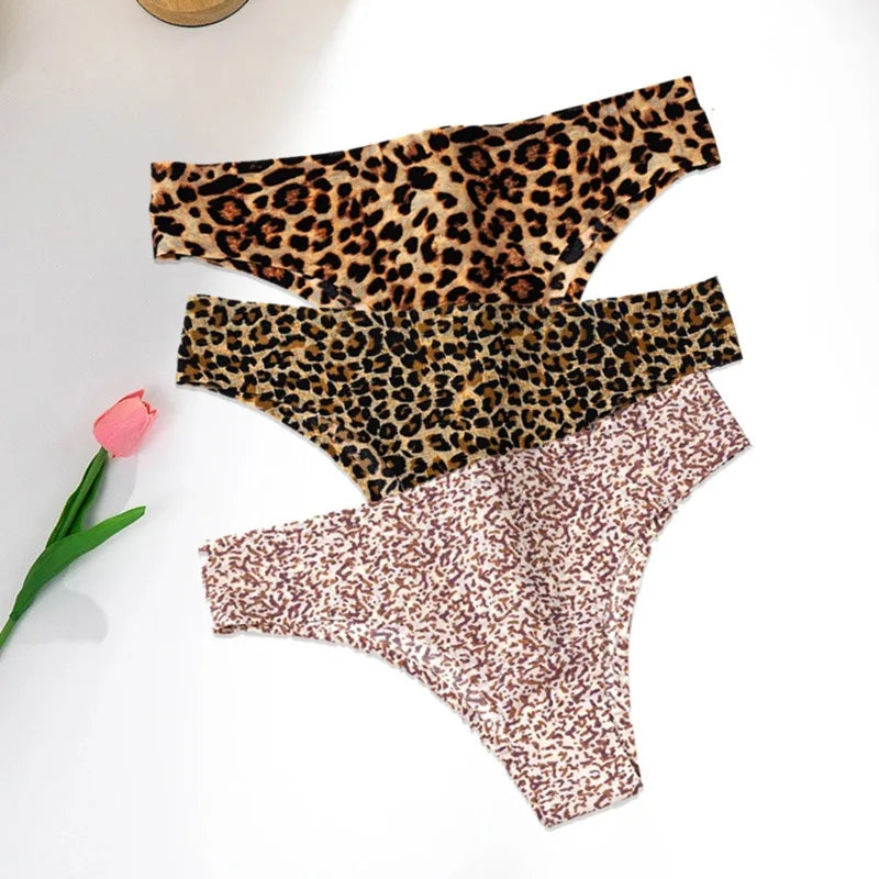Leopard Panties 3-Piece Seamless Ice Silk Set Sexy Printed Style