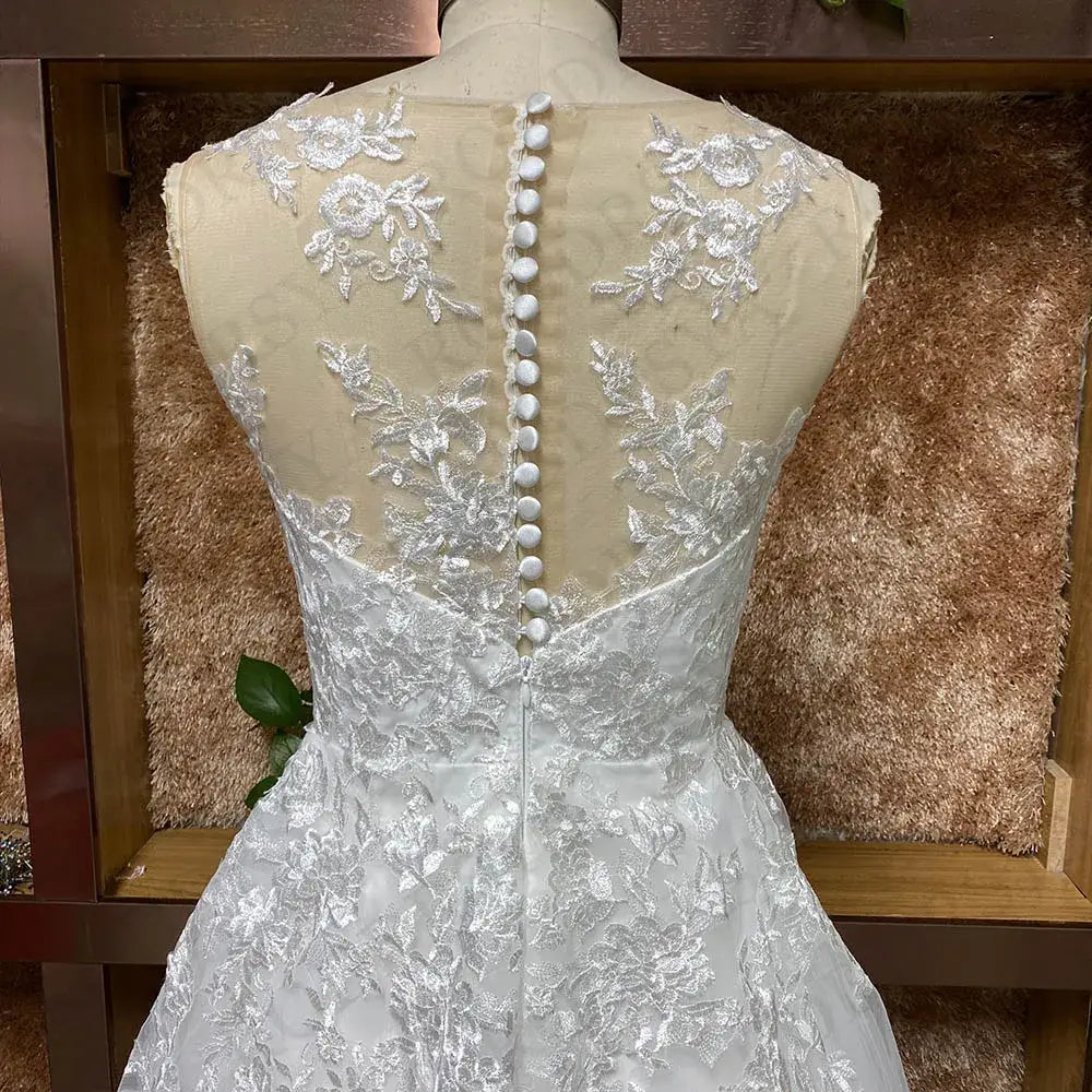 A-Line Wedding Dress – Elegant Boho Lace Bridal Gown with Illusion Back