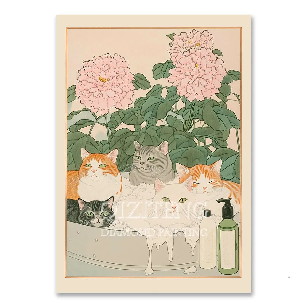 Cat in Bathtub Diamond Painting Square Round Kit Retro Home Decor