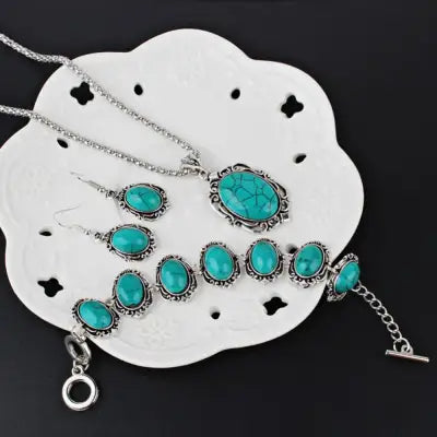 4pcs Vintage Faux Turquoise Jewelry Set Necklace Earrings Bracelet - green