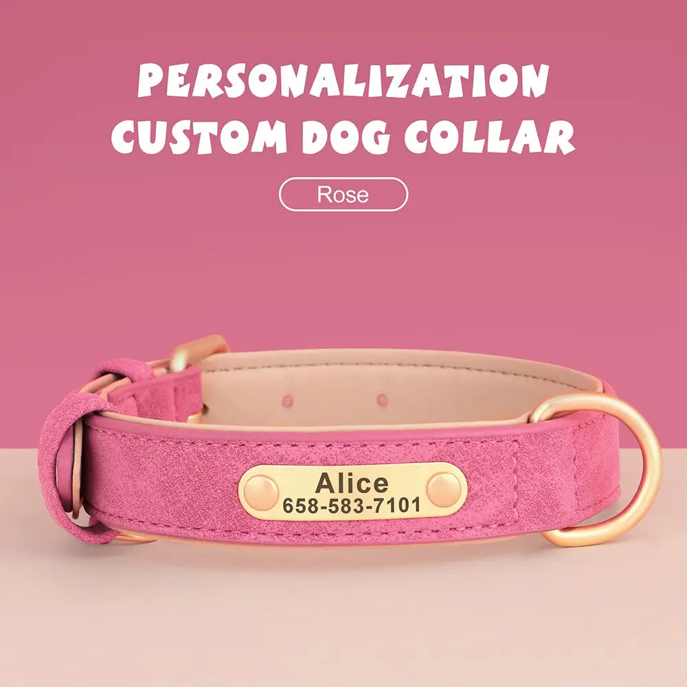 Personalized Dog Collar in Engraved PU Leather with ID Tag