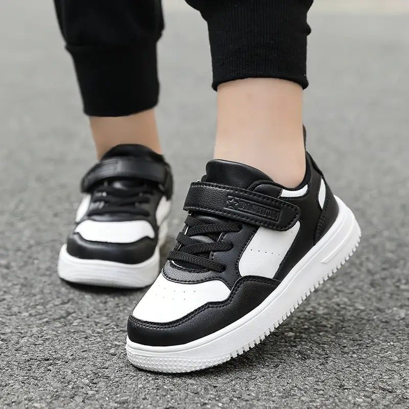 Boys Casual Black Leather Sneakers Lightweight Non-Slip Flat Shoes