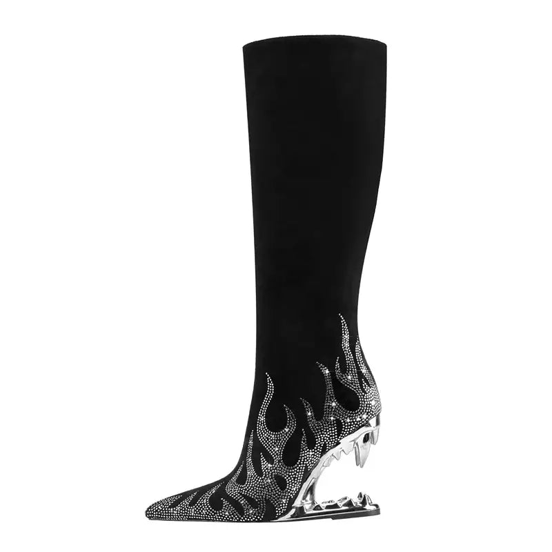 Tiger Tooth Boots: Stylish Stretch Boots with Rhinestone Flame Design