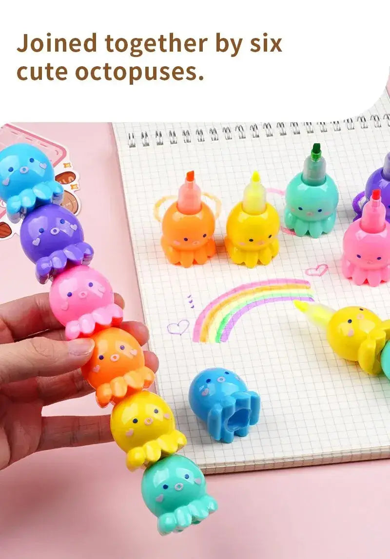 Cute Octopus Highlighter Set in 5 Watercolor Colors for School and Office