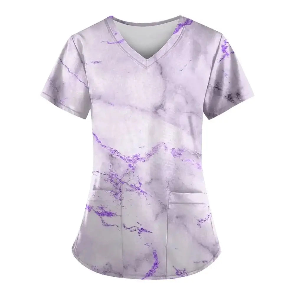 Marble Print Scrubs: Short-Sleeved Tops with Pockets