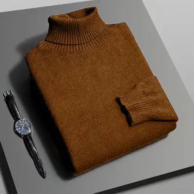 Autumn Men’s High-Quality Knitted Turtleneck Sweater in Solid Color - Brown / Asian M(40-55Kg)