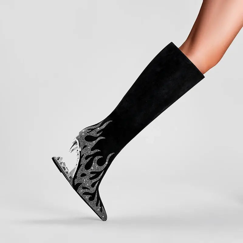 Tiger Tooth Boots: Stylish Stretch Boots with Rhinestone Flame Design