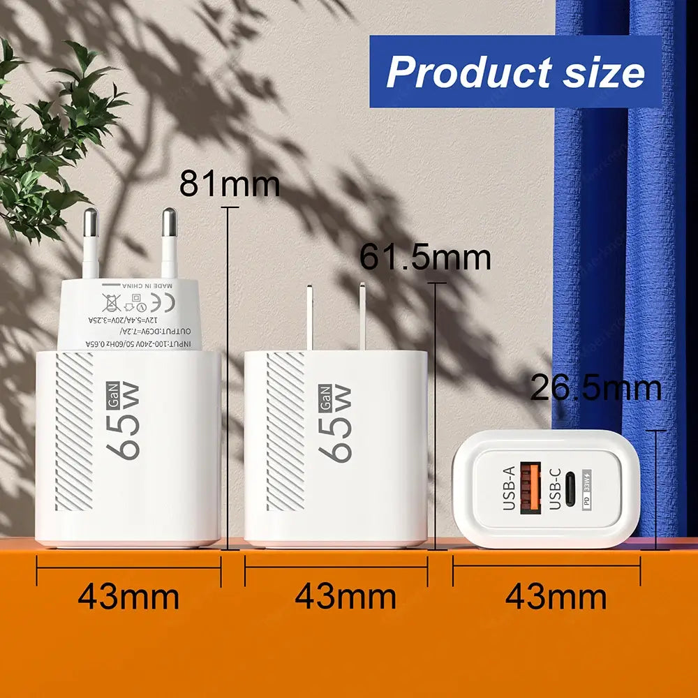 65W USB C GaN Fast Charging Wall Charger for Quick Charge Devices