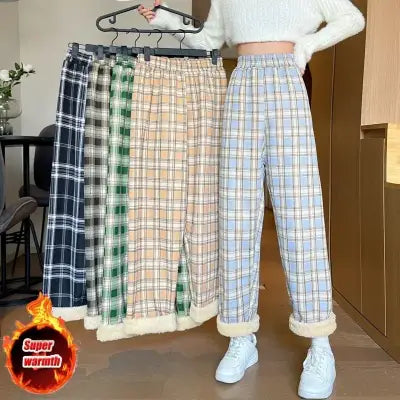 Warm Plush Cashmere Pants in Thick Plaid Wide-Legged Winter Style