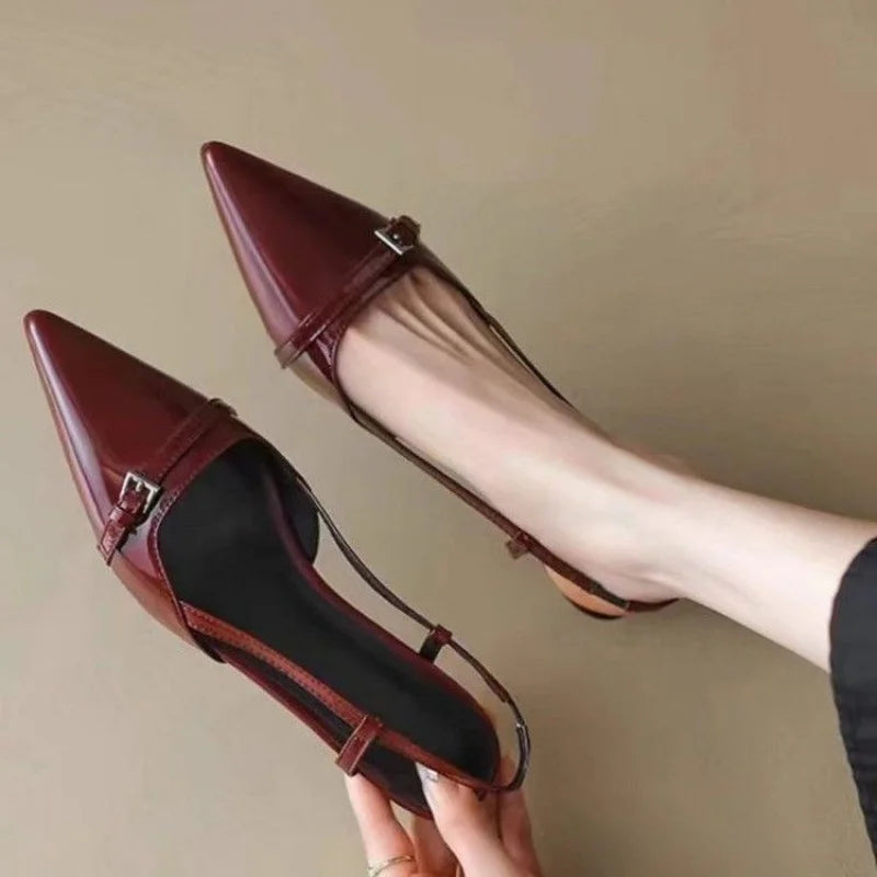 French Pointed Heel Sandals Burgundy Patent Upper Fairy Style
