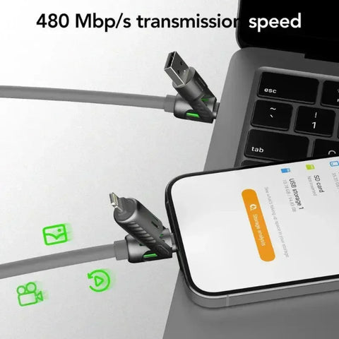 Smartphone connected to a laptop with a USB cable, displaying '480 Mbps transmission speed' text.